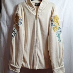 BOB MACKIE Wearable Art Full Zip Fleece Jacket Sz 3X Ivory Floral Embroidery EUC